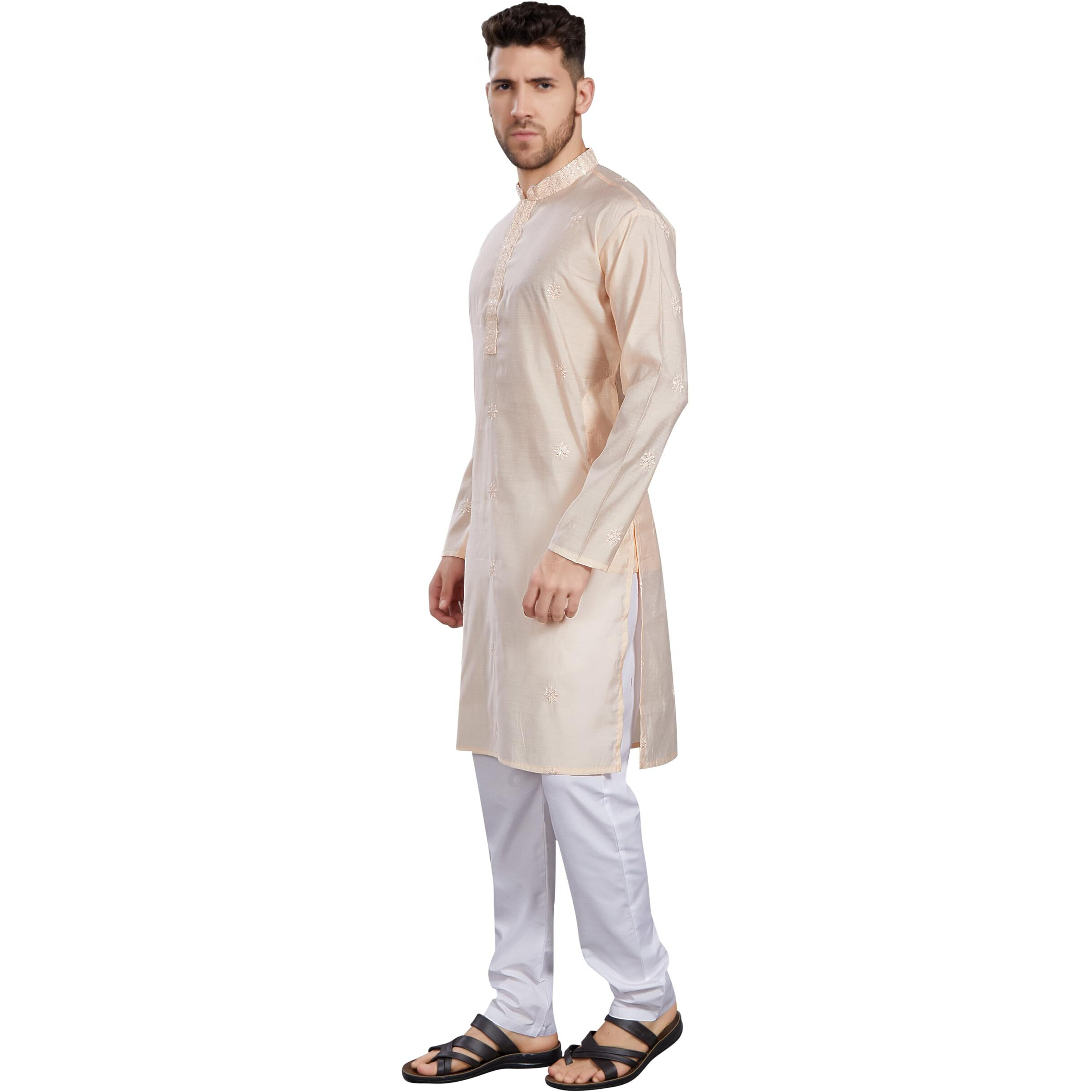 Divisive Men's Embroidered Silk Blend Only Slim Fit Kurta (Dkrt827_L_L Peach)