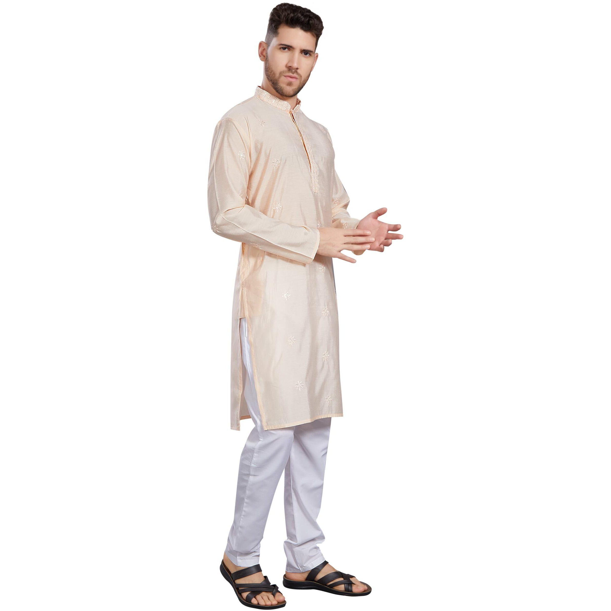 Divisive Men's Embroidered Silk Blend Only Slim Fit Kurta (Dkrt827_L_L Peach)