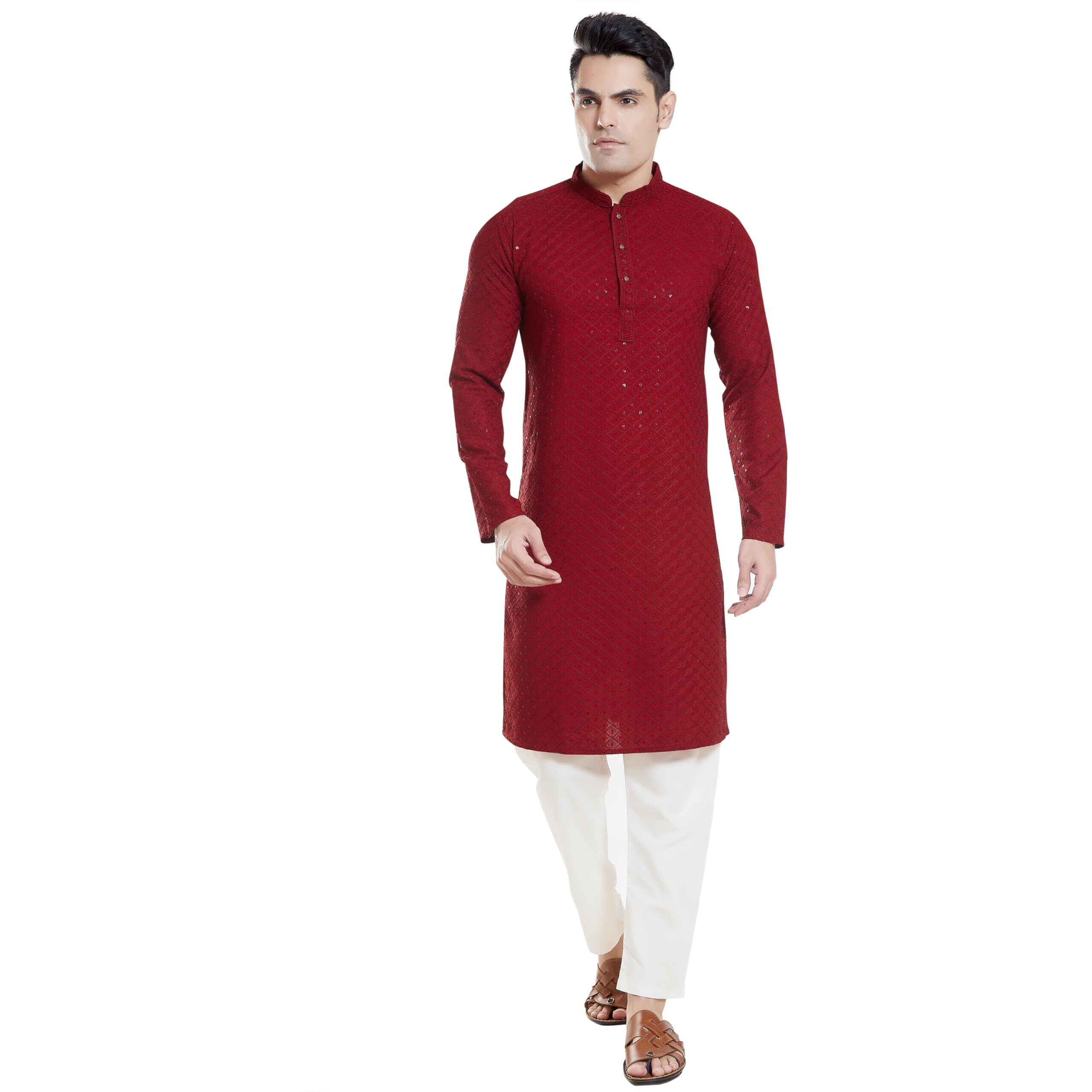 Divisive Men's Sequince Embroidered Cotton Blend Only Slim Fit Kurta (Dkrt131_Xxxl_Maroon)