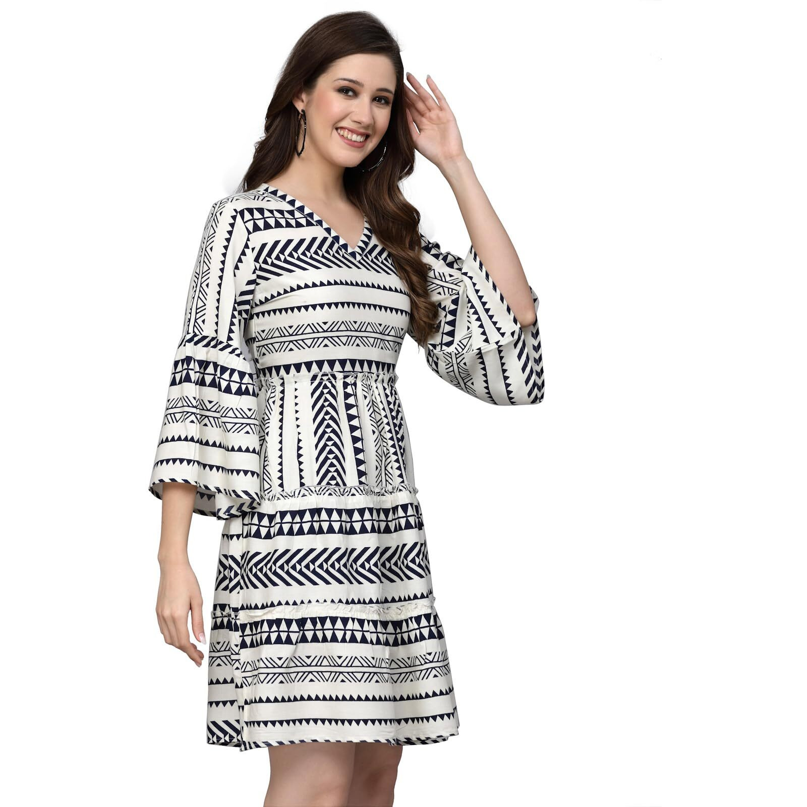 Stylum Women's Printed Rayon Tiered Dress (Drshannah38_Navy Blue, M)