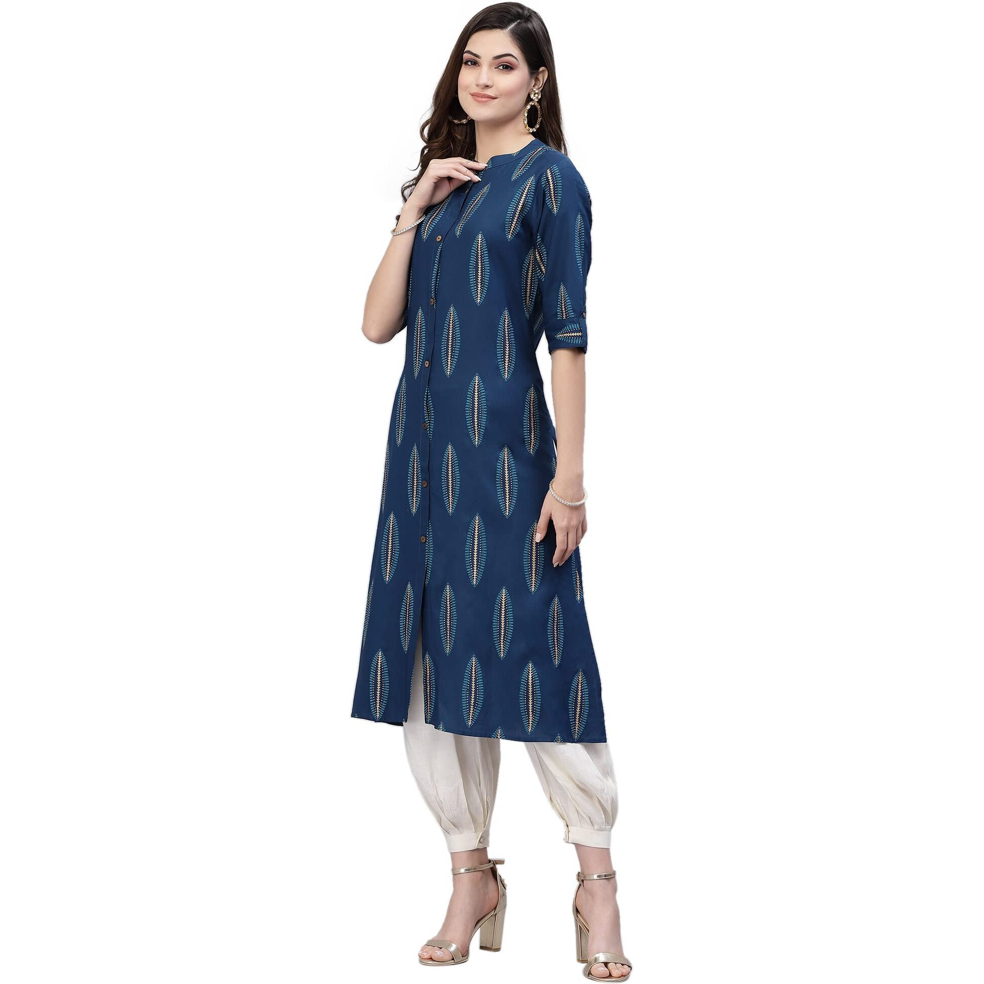 Stylum Women's Block Printed Rayon A-Line Kurta (Nomiteal38_Teal Blue, M)