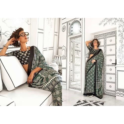 Stylum Women's Ajrakh Printed Satin Saree (Srgreenstar_Green)