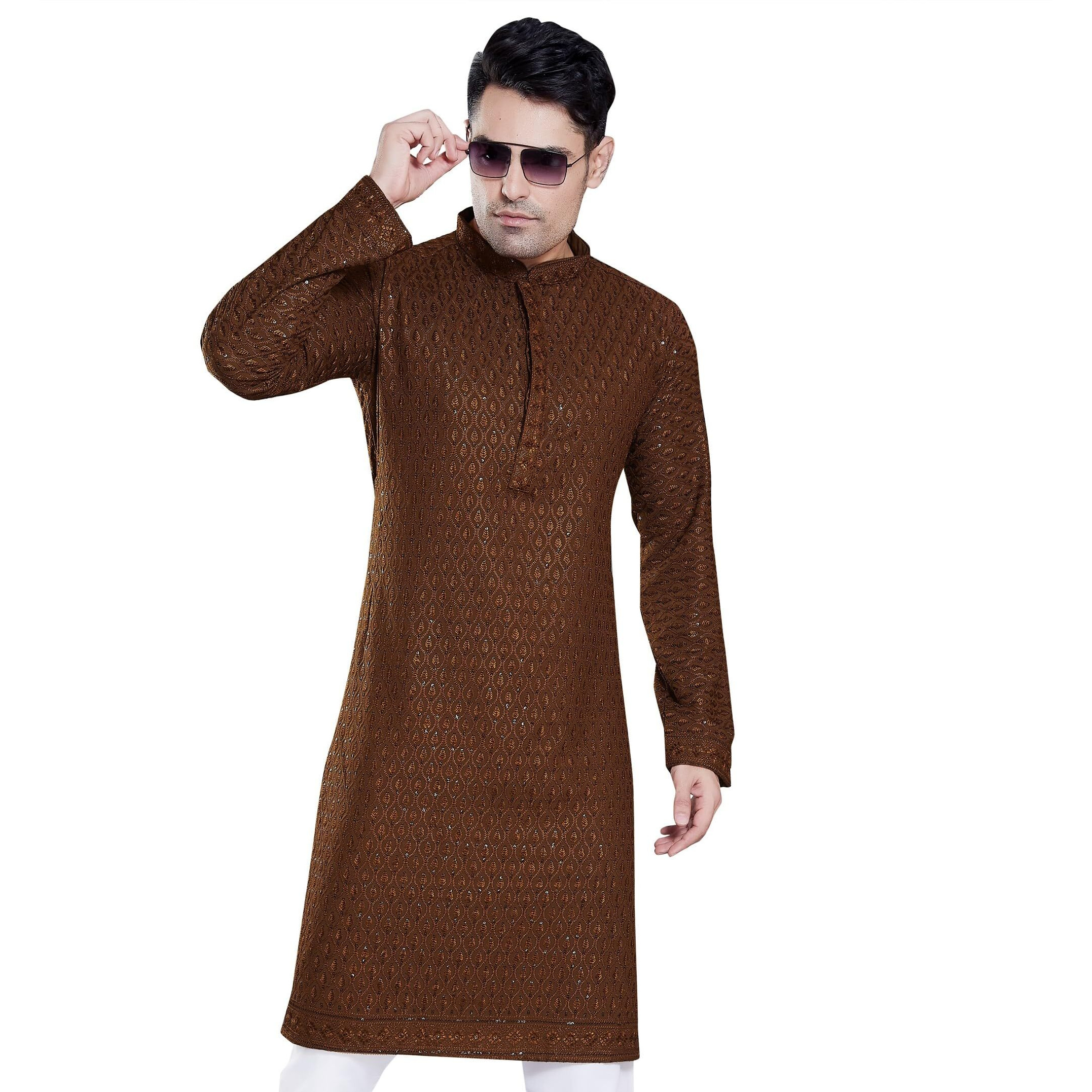 Divisive Men's Sequince Embroidered Cotton Blend Only Slim Fit Kurta (Dkrt112_L_Coffee Gold)