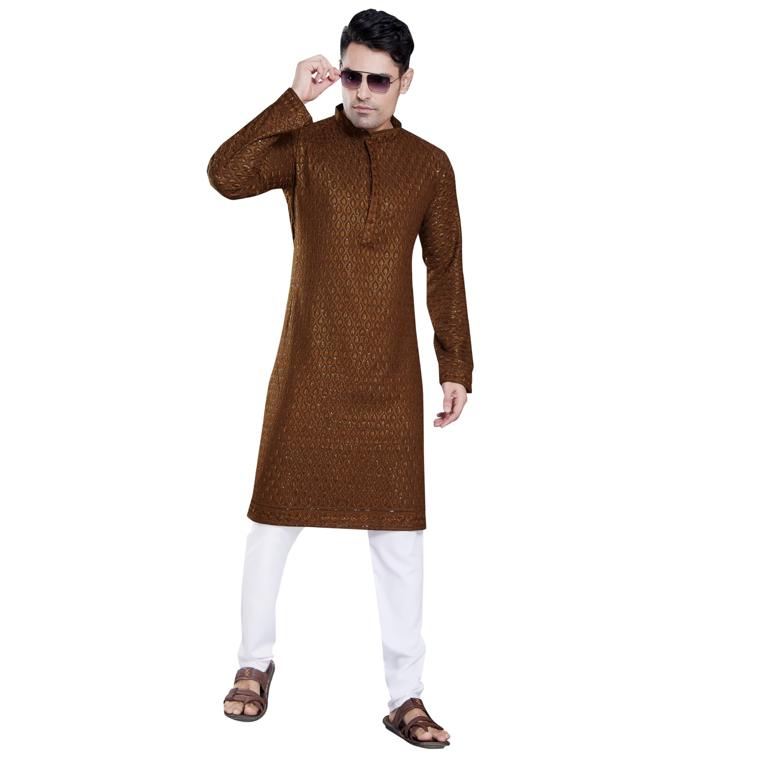 Divisive Men's Sequince Embroidered Cotton Blend Only Slim Fit Kurta (Dkrt112_L_Coffee Gold)