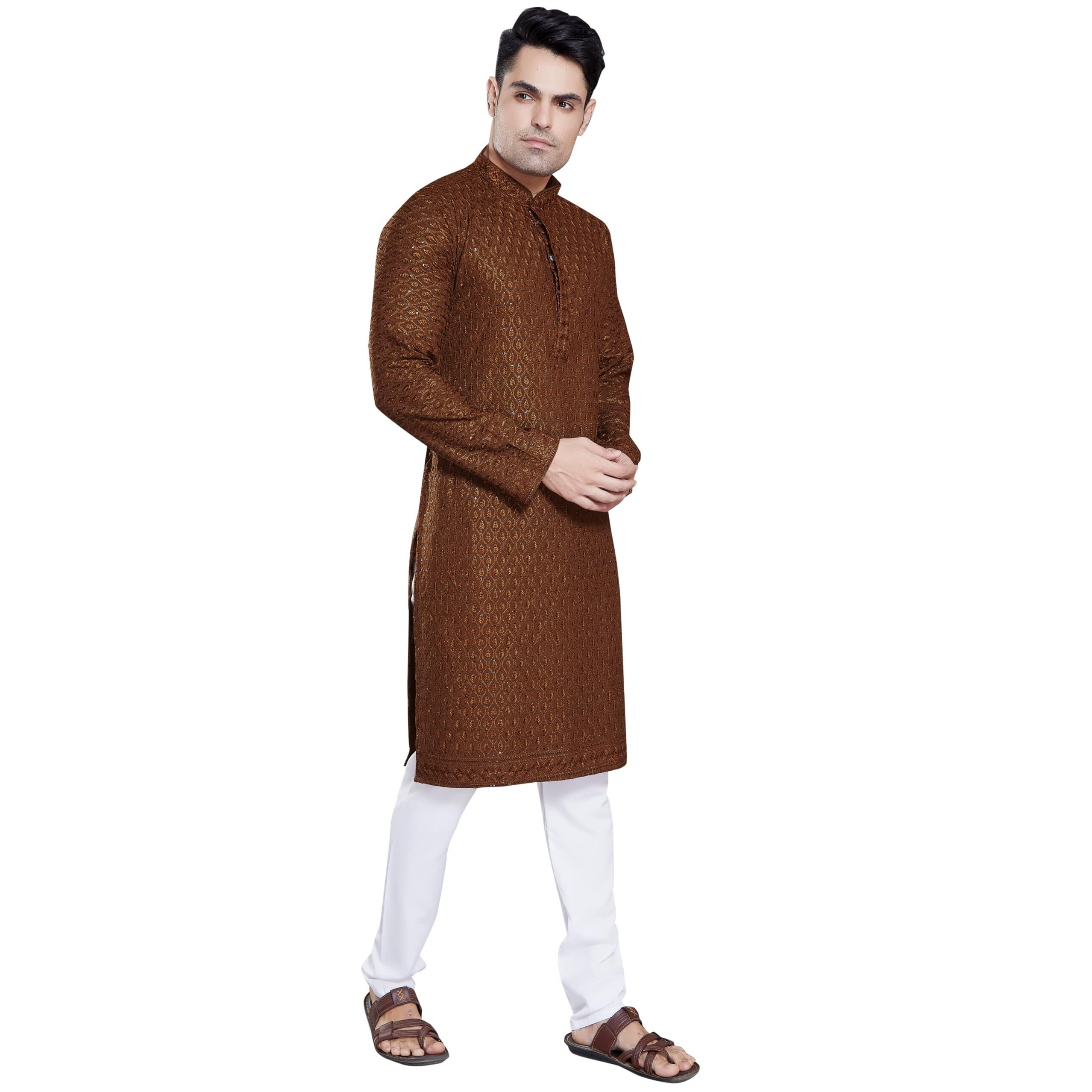 Divisive Men's Sequince Embroidered Cotton Blend Only Slim Fit Kurta (Dkrt112_L_Coffee Gold)