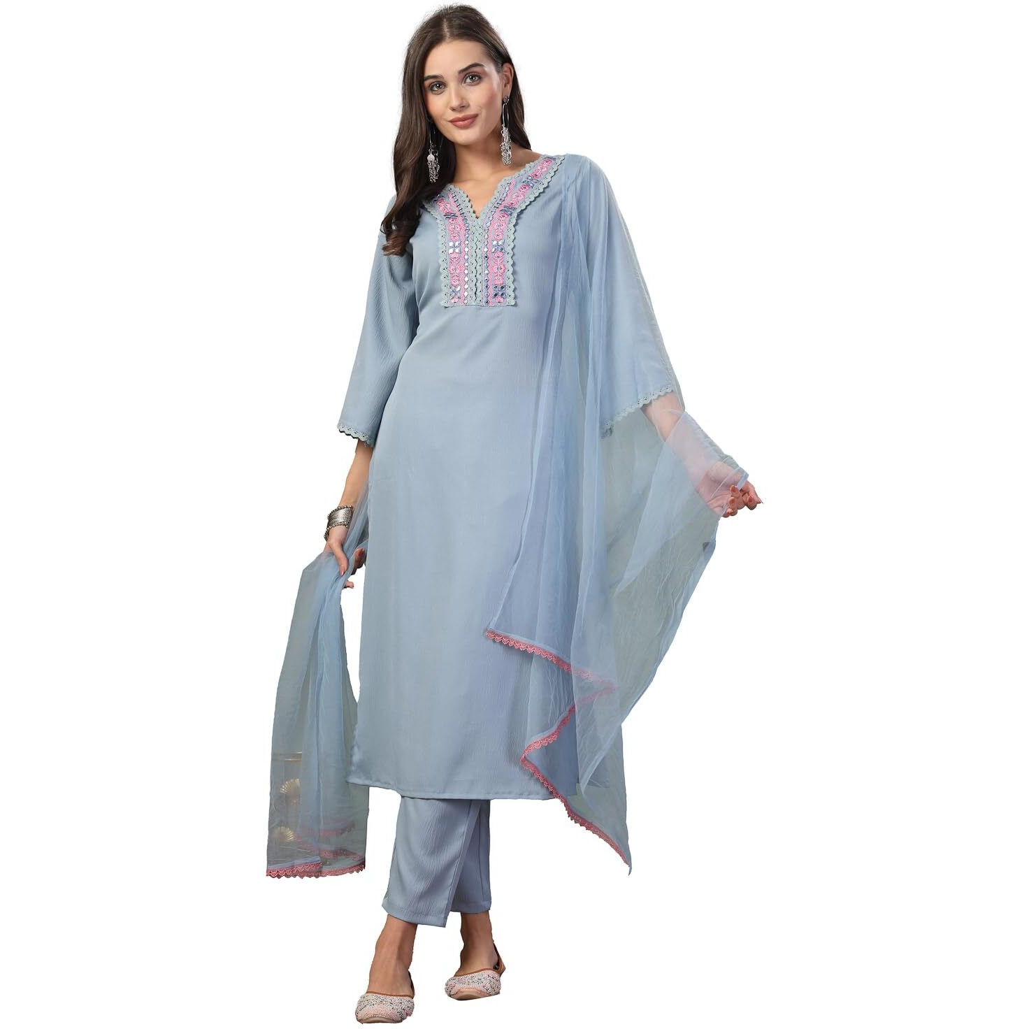 Stylum Women's Solid & Embroidered Italian Crush Straight Kurta Pant Dupatta Set (Kpdskyvooma42_Sky Blue, Xl)