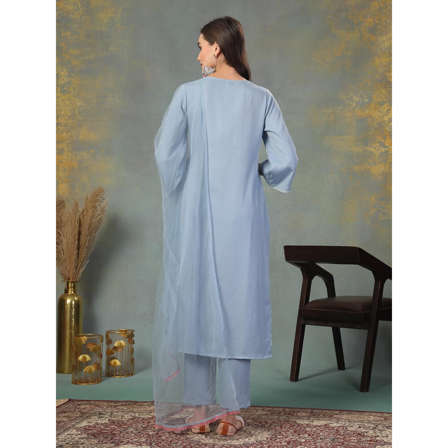 Stylum Women's Solid & Embroidered Italian Crush Straight Kurta Pant Dupatta Set (Kpdskyvooma42_Sky Blue, Xl)