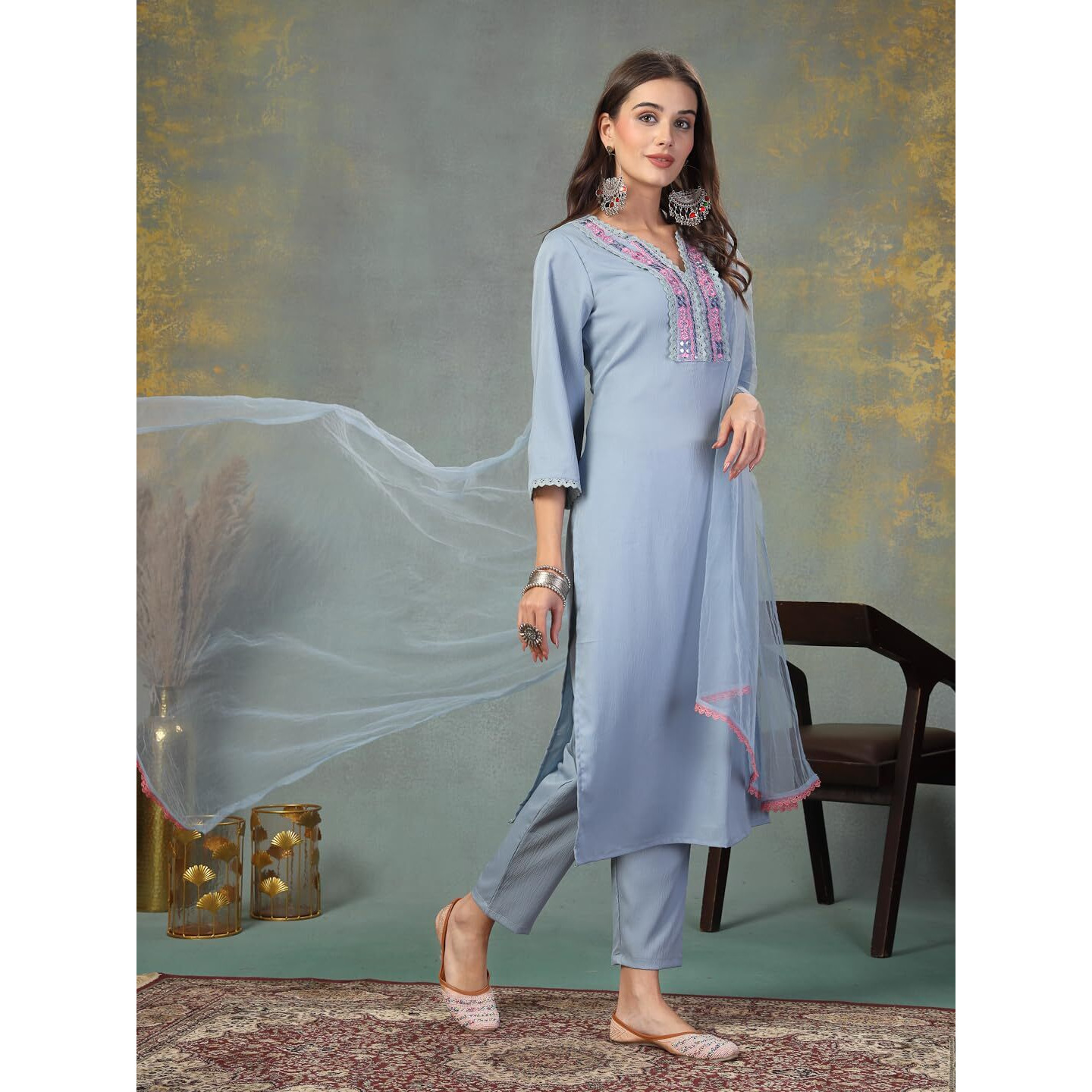 Stylum Women's Solid & Embroidered Italian Crush Straight Kurta Pant Dupatta Set (Kpdskyvooma42_Sky Blue, Xl)
