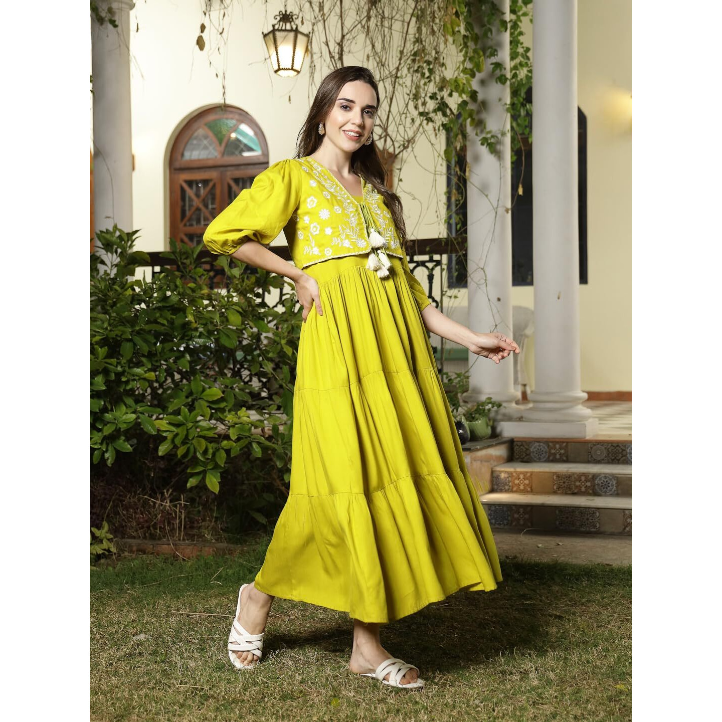 Stylum Women's Solid & Embroidered Rayon Tiered Dress With Jacket (Drscornkay34_Corn, Xs)