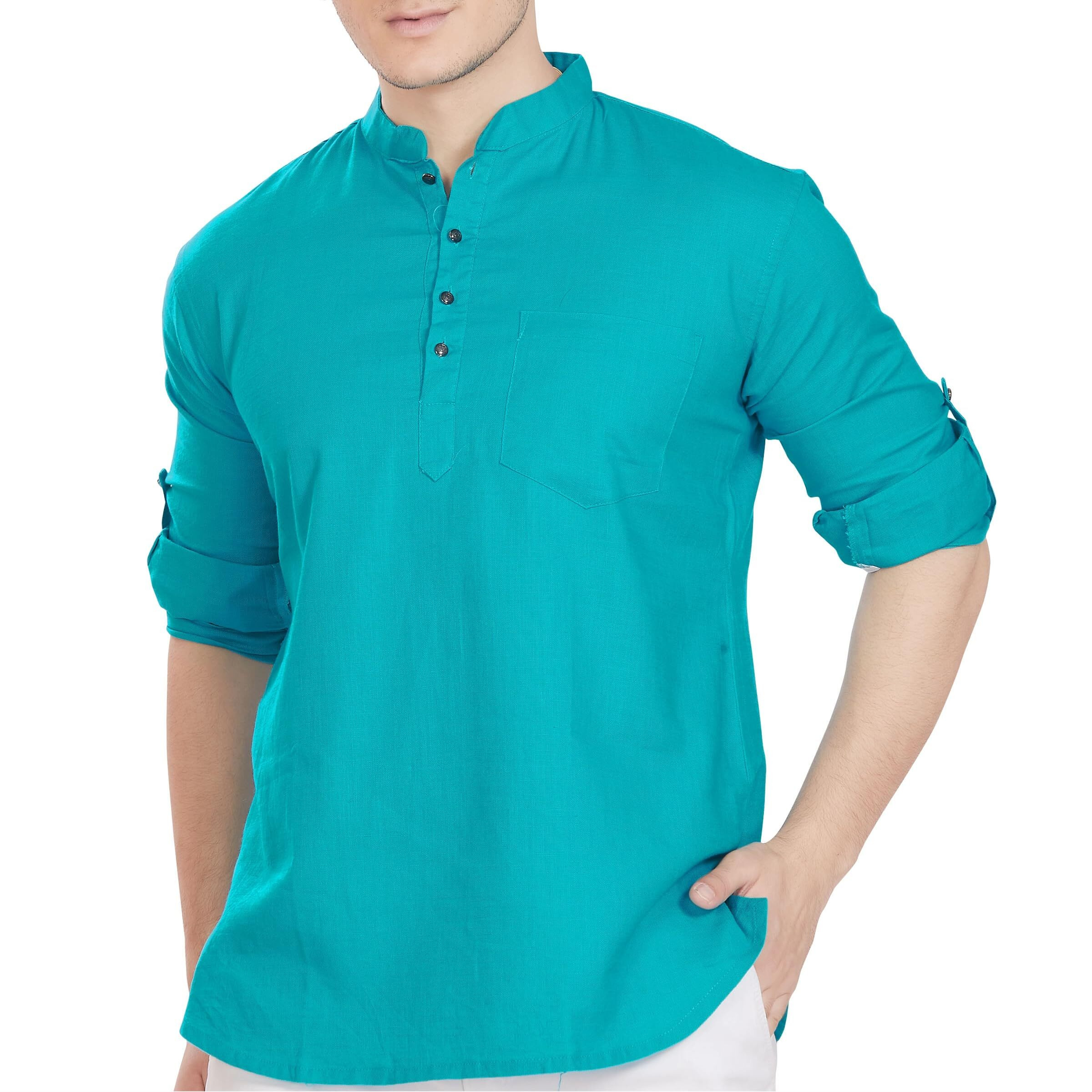 Divisive Men's Pure Cotton Relaxed Fit Short Kurta (Dkrt260_S_Turquoise)