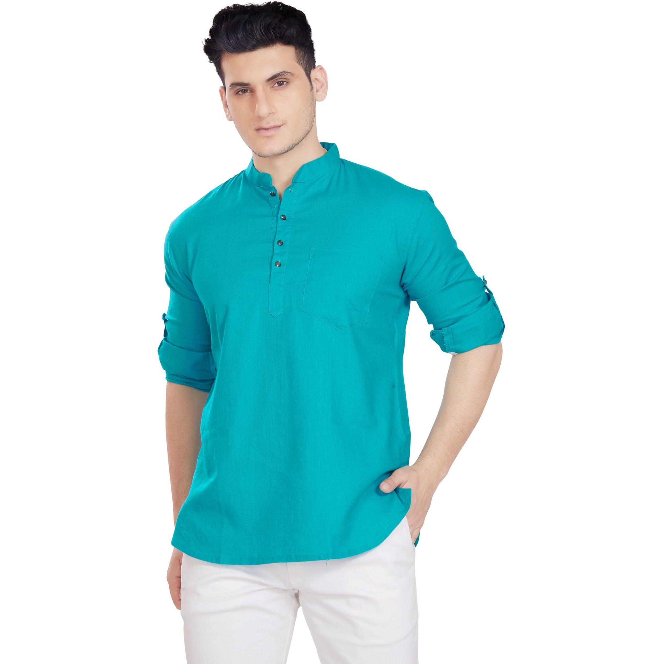 Divisive Men's Pure Cotton Relaxed Fit Short Kurta (Dkrt260_S_Turquoise)
