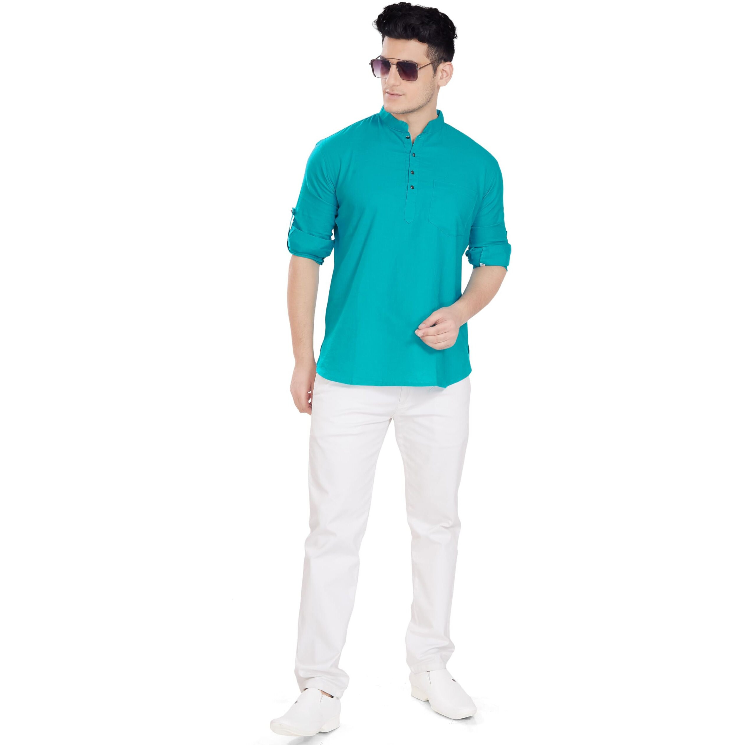 Divisive Men's Pure Cotton Relaxed Fit Short Kurta (Dkrt260_S_Turquoise)