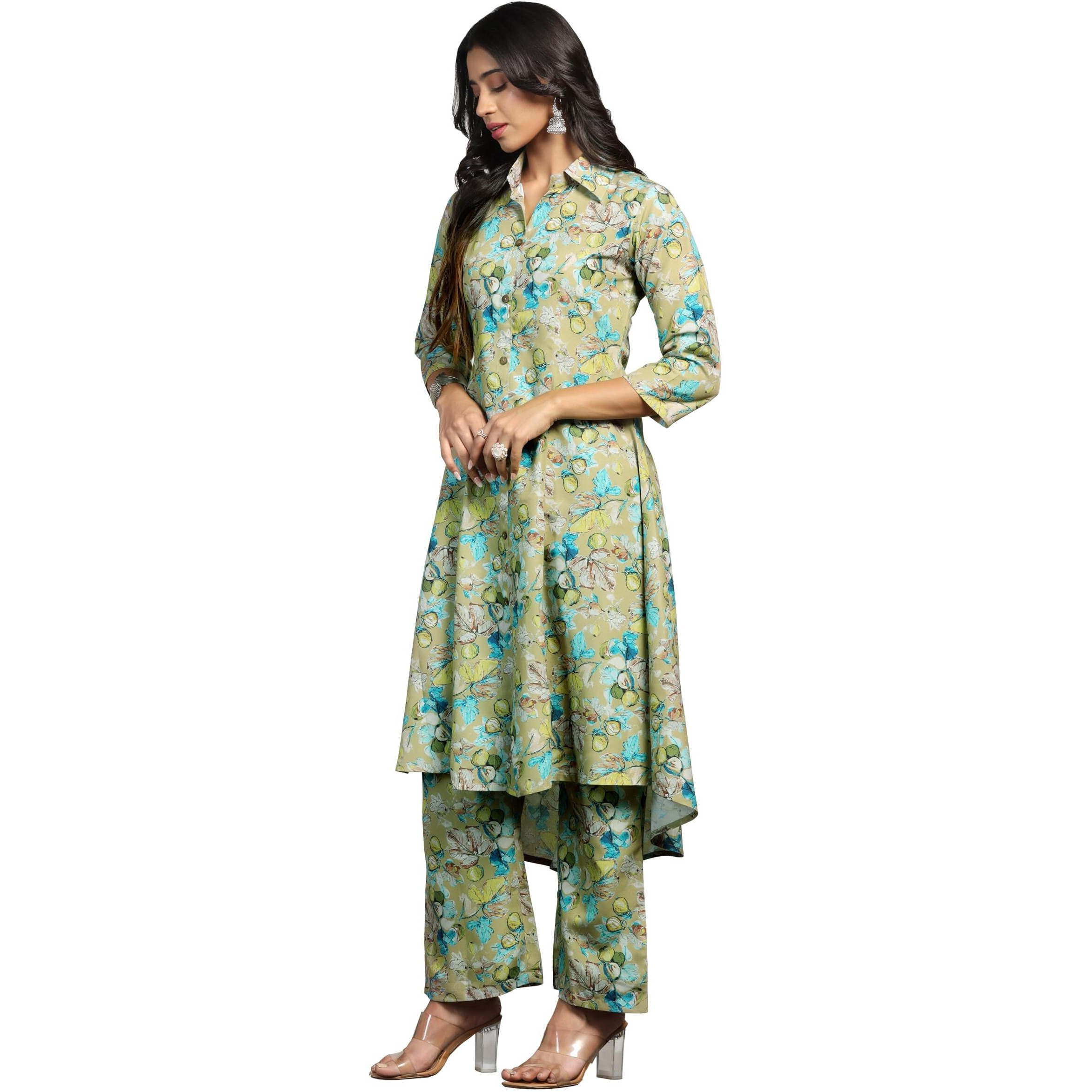 Tadkee Women Cotton Blend Printed Kurta With Plazzo (Fn-Collar-Pair-Round-118-Green-Xxl)