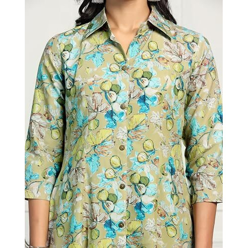 Tadkee Women Cotton Blend Printed Kurta With Plazzo (Fn-Collar-Pair-Round-118-Green-Xxl)