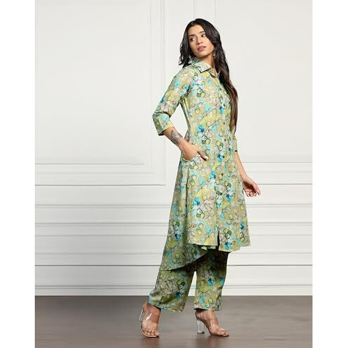 Tadkee Women Cotton Blend Printed Kurta With Plazzo (Fn-Collar-Pair-Round-118-Green-Xxl)