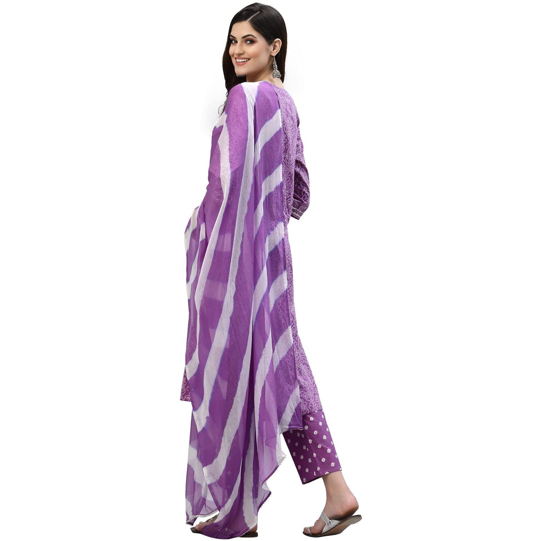 Stylum Women's Bandhej Printed Rayon Kurta Pant Dupatta Set (Kpdpurplelemon40_Purple, L)