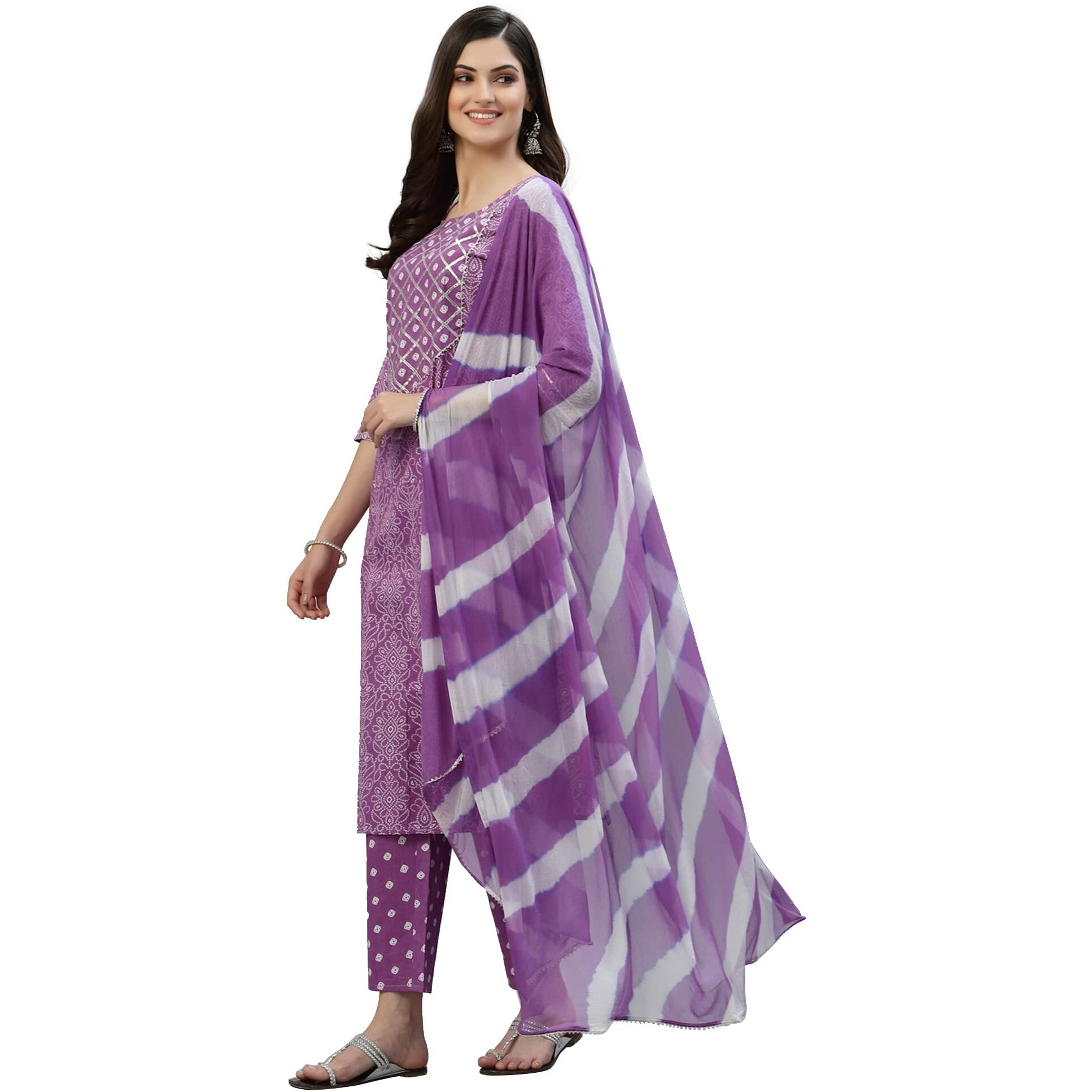 Stylum Women's Bandhej Printed Rayon Kurta Pant Dupatta Set (Kpdpurplelemon40_Purple, L)