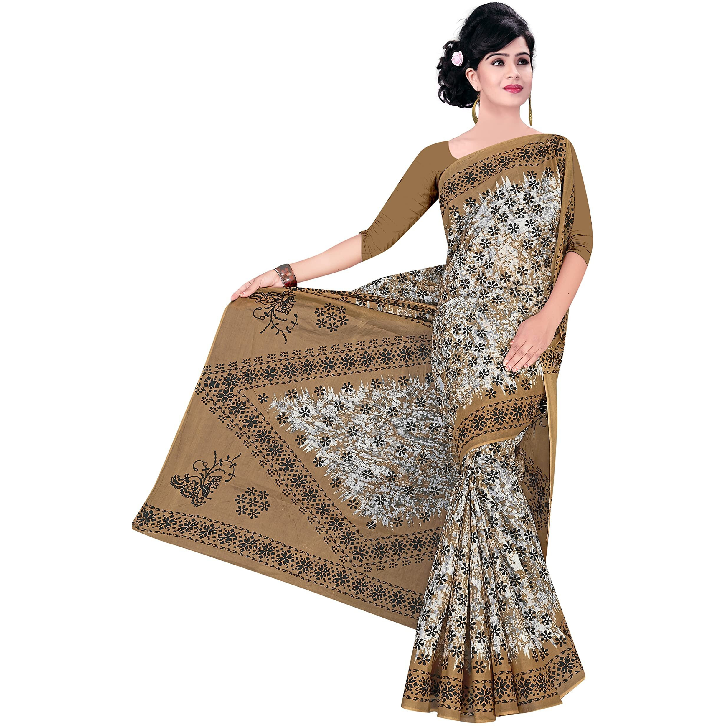 Tamaira Fashion Women's Plain Weave Pure Cotton Saree Without Blouse Piece(1346_Brown)