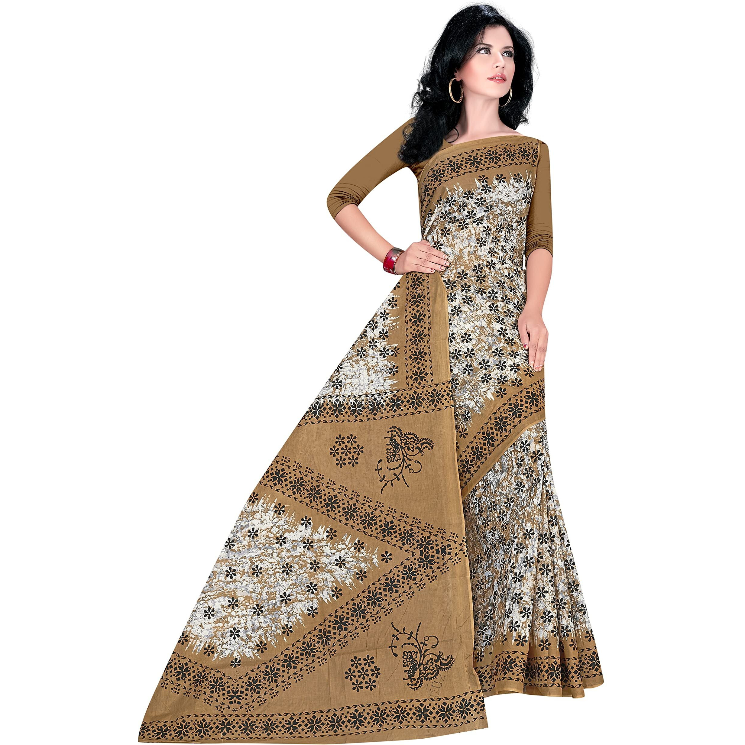 Tamaira Fashion Women's Plain Weave Pure Cotton Saree Without Blouse Piece(1346_Brown)