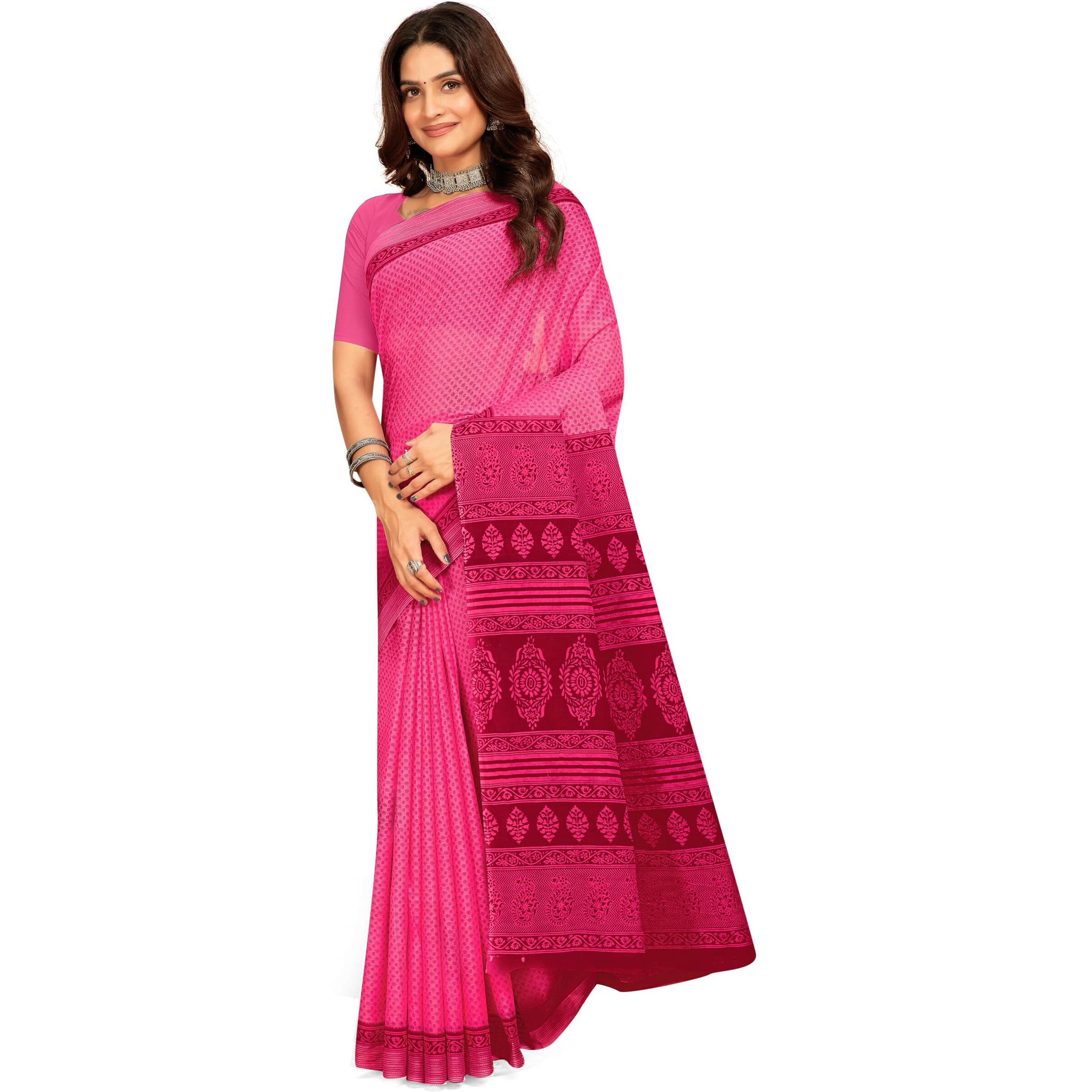Tamaira Fashion Women's Floral Butti Printed Pure Cotton Mulmul Saree Without Blouse Piece(11497_Pink)