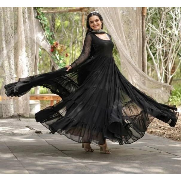 Fashion Basket Women's Georgette Solid Anarkali Dress Black