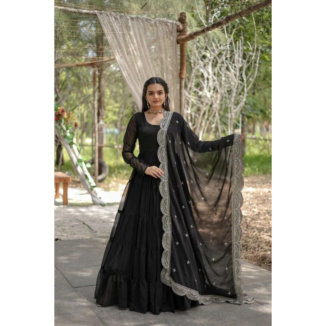 Fashion Basket Women's Georgette Solid Anarkali Dress Black