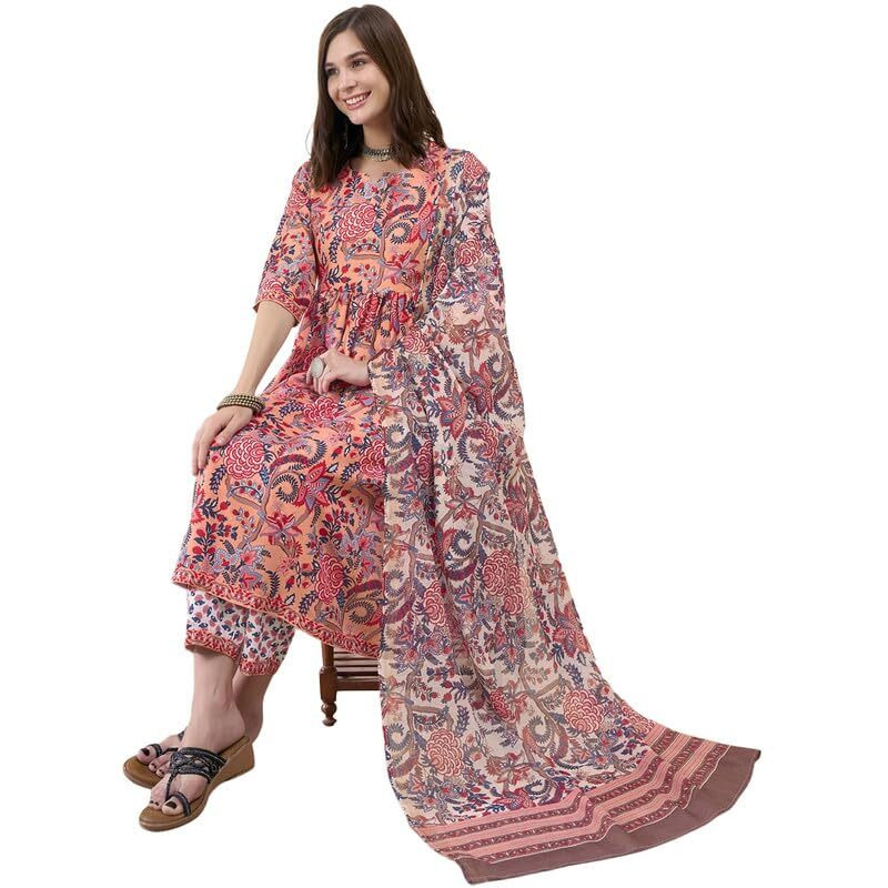 Tee Projekt Women's Cotton Blend Sweetheart Neck Anarkali Kurta Pant With Dupatta Set Pink