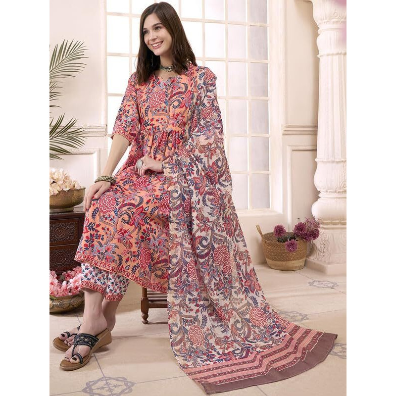 Tee Projekt Women's Cotton Blend Sweetheart Neck Anarkali Kurta Pant With Dupatta Set Pink