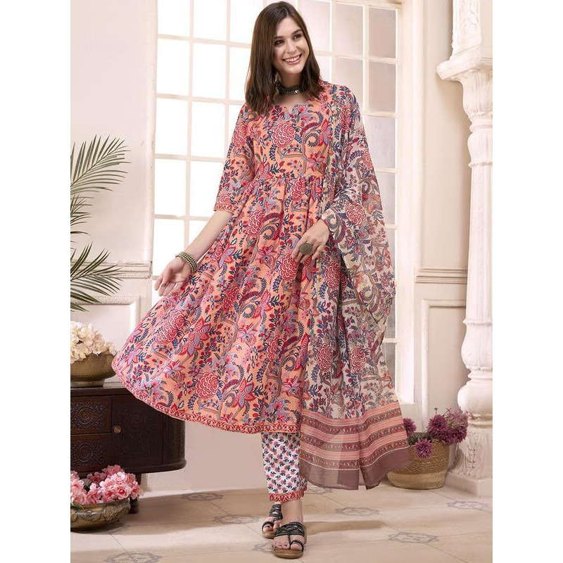 Tee Projekt Women's Cotton Blend Sweetheart Neck Anarkali Kurta Pant With Dupatta Set Pink