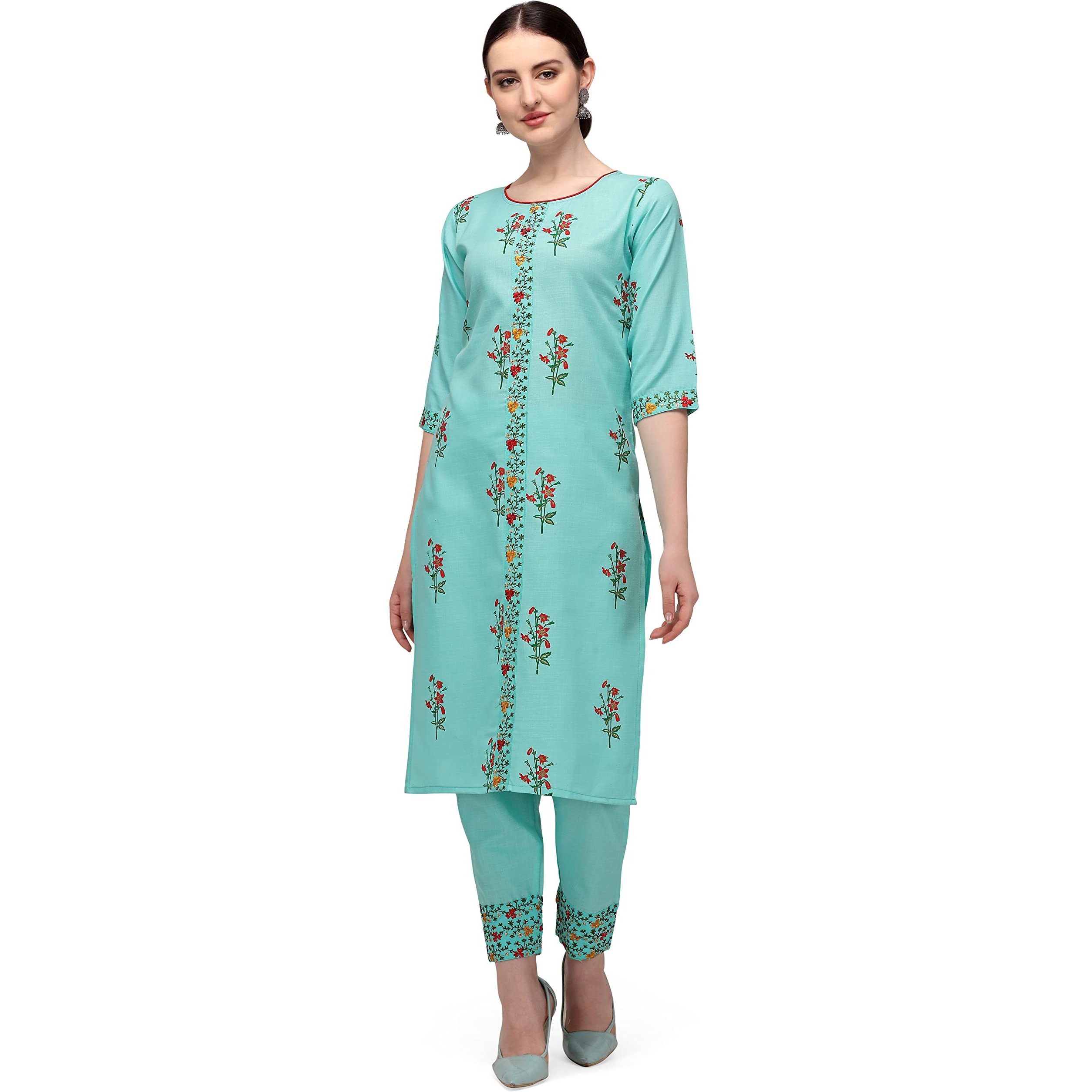 Fashion Basket Women's Cotton Blend Embroidered Straight Kurta (E6038) (Large) Blue