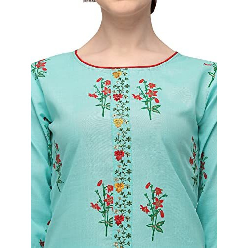 Fashion Basket Women's Cotton Blend Embroidered Straight Kurta (E6038) (Large) Blue