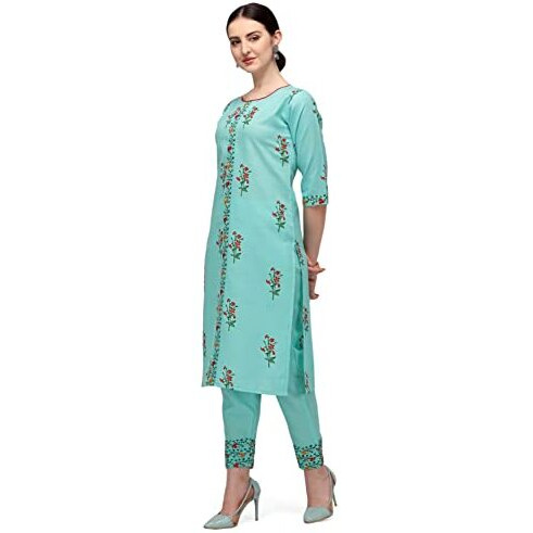 Fashion Basket Women's Cotton Blend Embroidered Straight Kurta (E6038) (Large) Blue