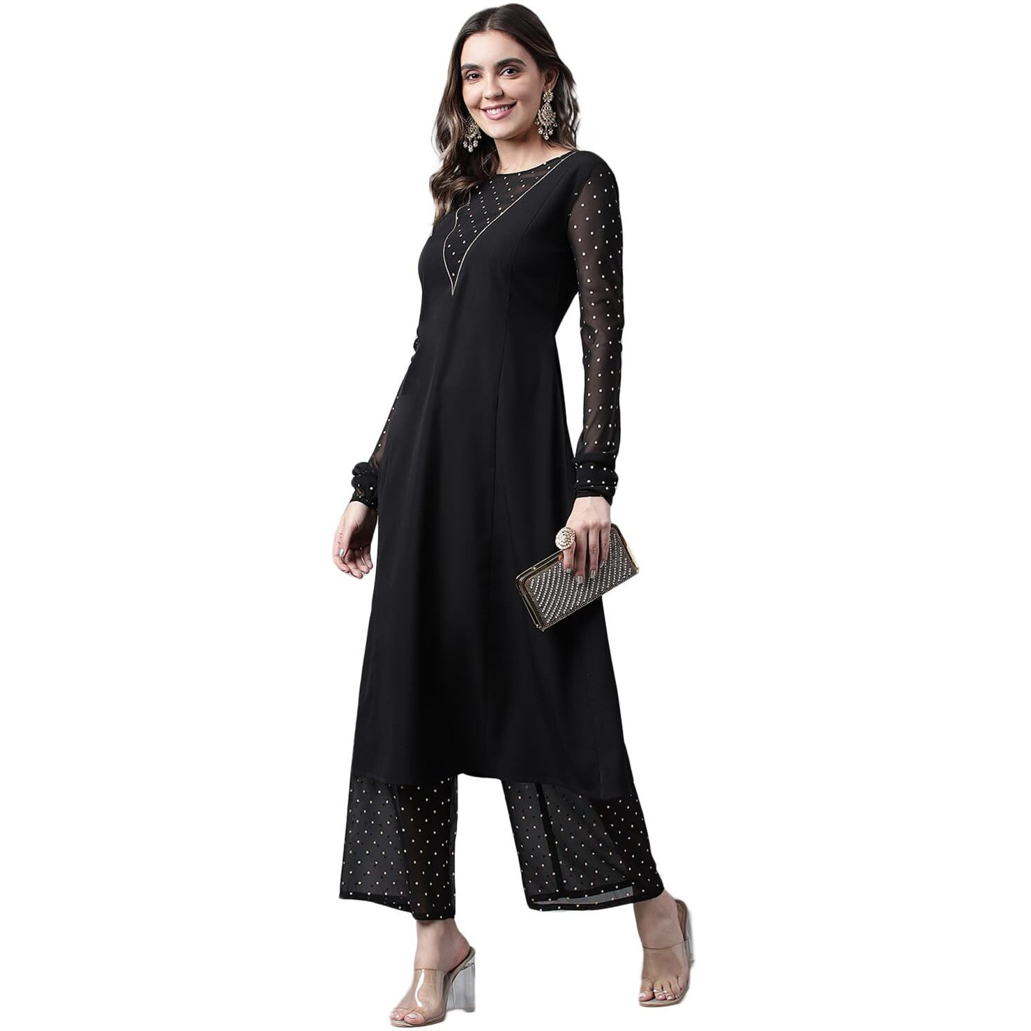 Fiorra Women's Black Poly Crepe A-Line Kurta With Palazzo Set0083