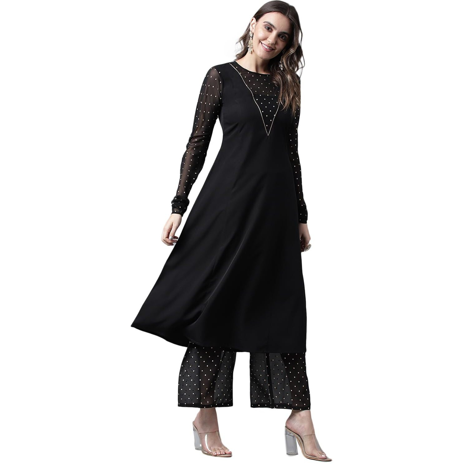 Fiorra Women's Black Poly Crepe A-Line Kurta With Palazzo Set0083