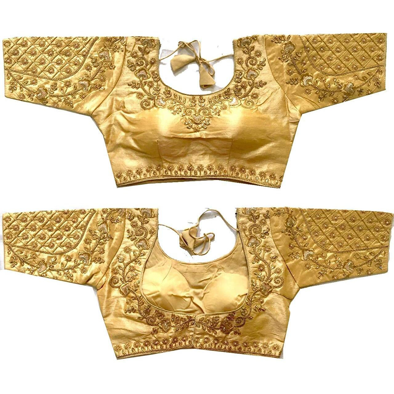 Vihu Fashion Women's Silk Floral Half Sleeve Saree Blouse (Gold Floral Blouse_Gold_38)