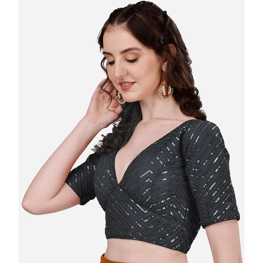 Vihu Fashion Womens Fancy Readymade Half Sleeve Sequins Saree Blouse(Sequins Butti Grey_38)
