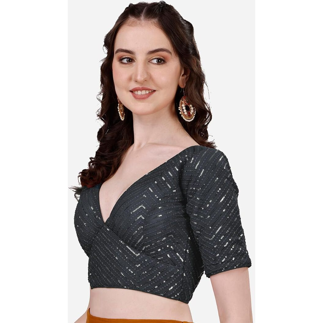 Vihu Fashion Womens Fancy Readymade Half Sleeve Sequins Saree Blouse(Sequins Butti Grey_38)