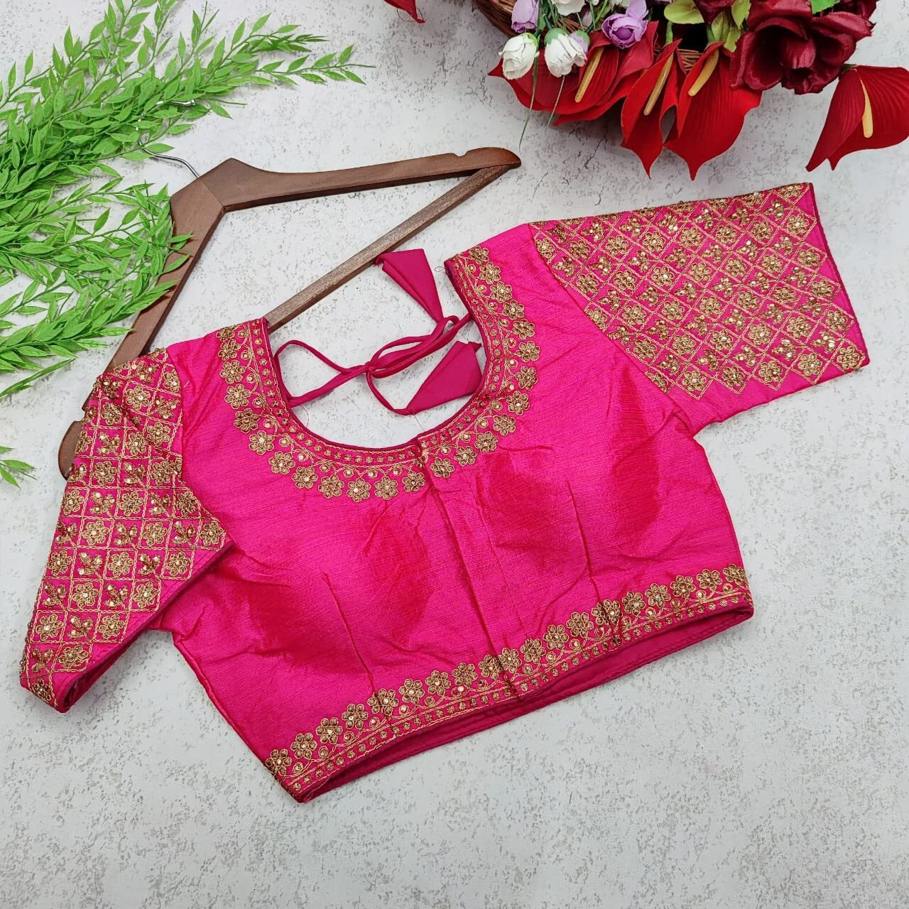 Vihu Fashion Women's Heavy Embroidery Handwork Half Sleeves Readymade Blouse