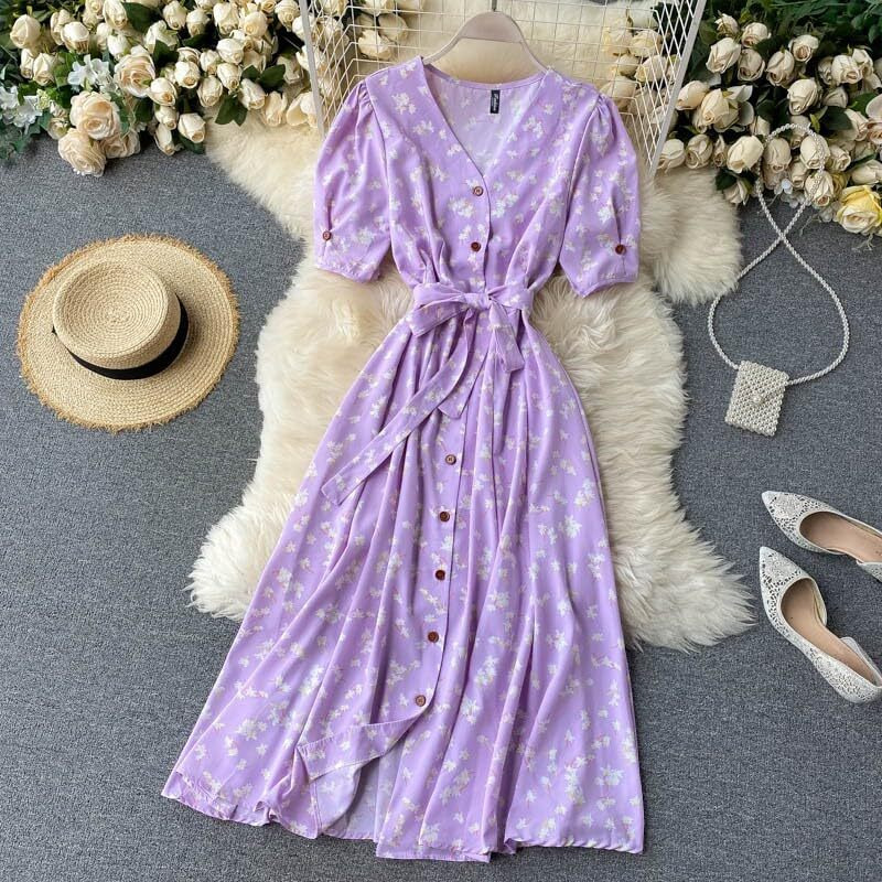 Gufrina Dresses For Women Half Sleeve || Floral Print || V-Neck And Puff Sleeves || Front Open Button & Tie-Up || Midi Dress (Lavender M)