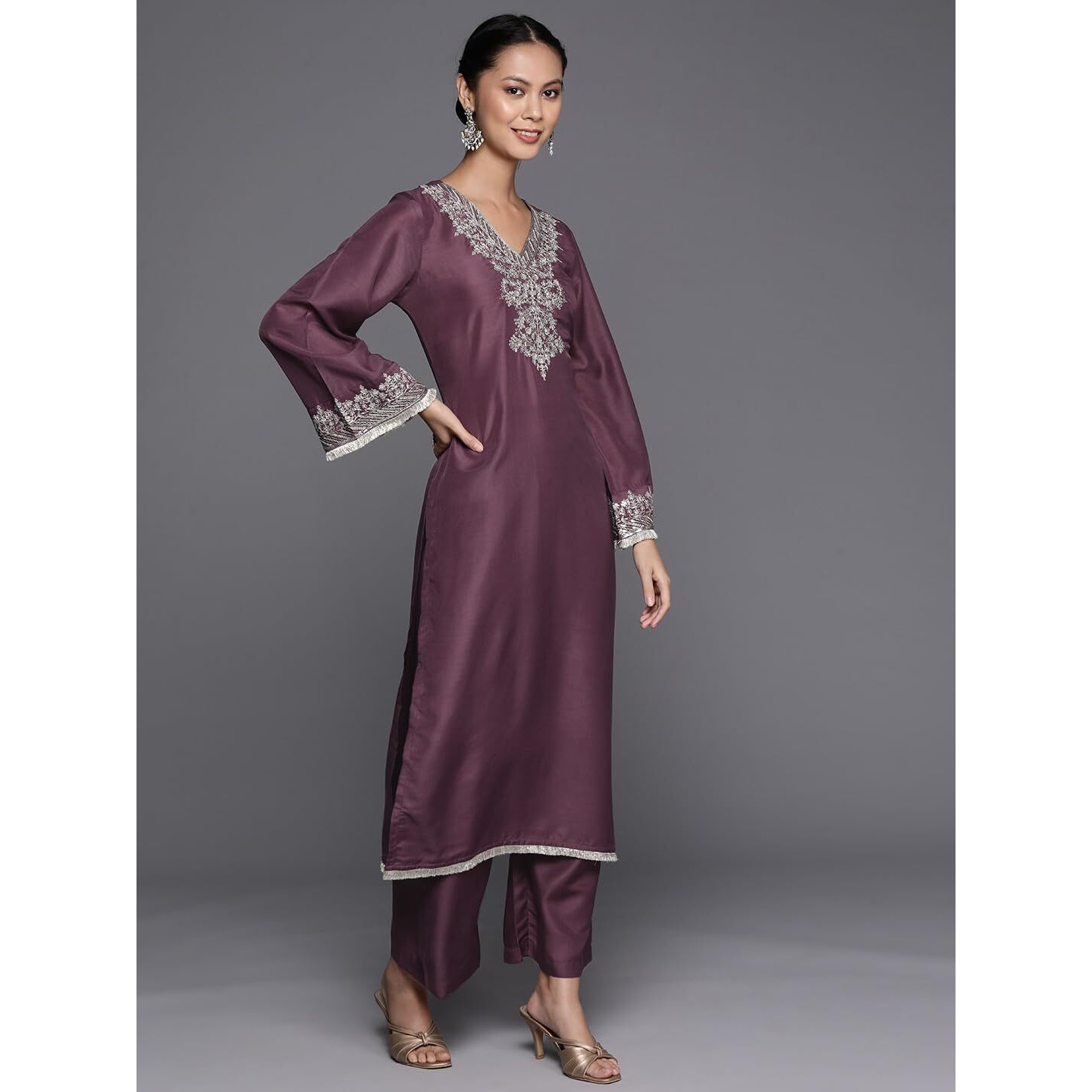 Varanga Mauve V-Neck Yoke Embroidered Straight Kurta With Fringes Hem Paired With Tonal Bottom And Dupatta  Elegant Ethnic Wear For Women