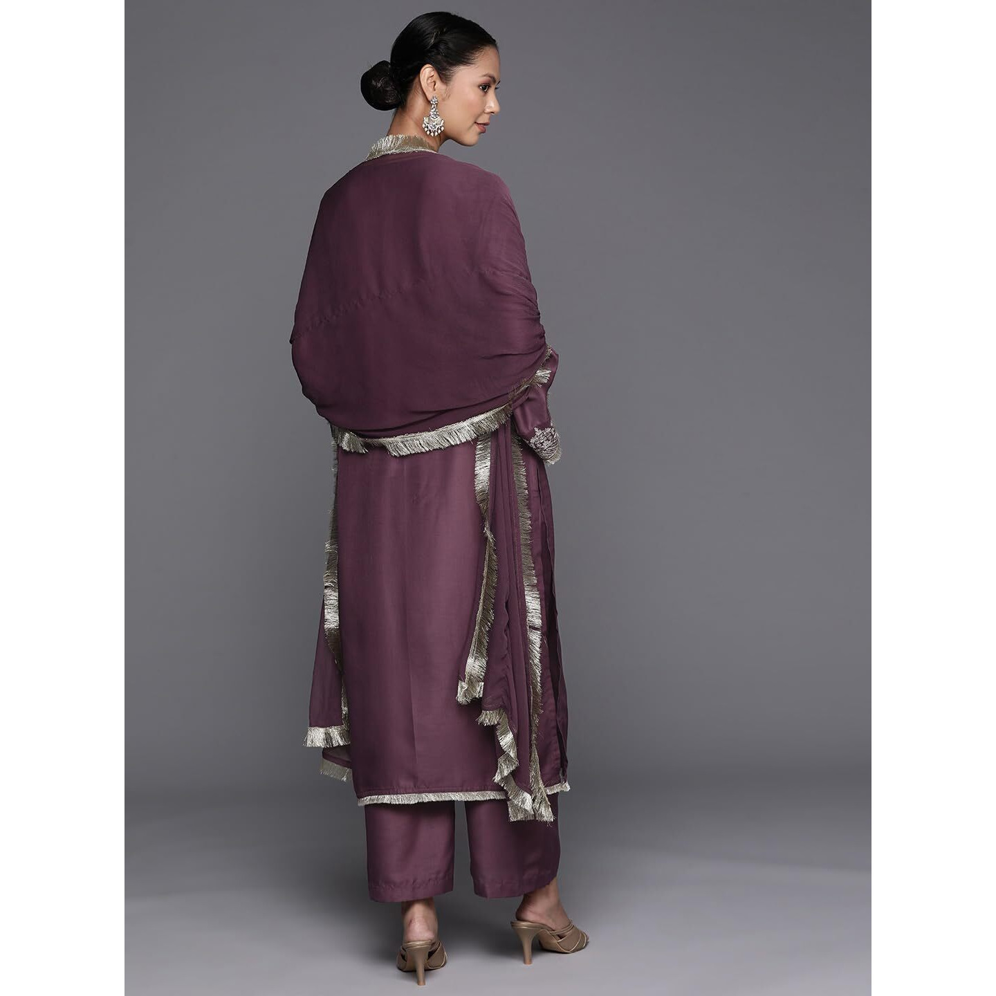 Varanga Mauve V-Neck Yoke Embroidered Straight Kurta With Fringes Hem Paired With Tonal Bottom And Dupatta  Elegant Ethnic Wear For Women