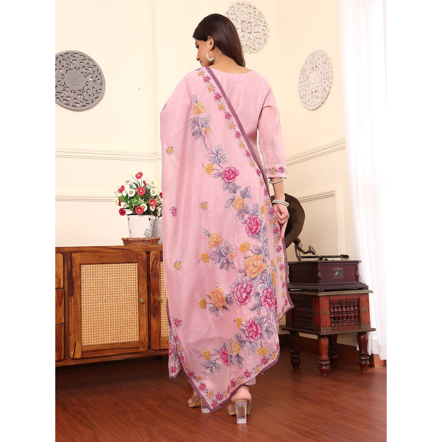 Varanga Women Pure Mauve Kantha Hand Embroidered Kurta Set With Dupatta
