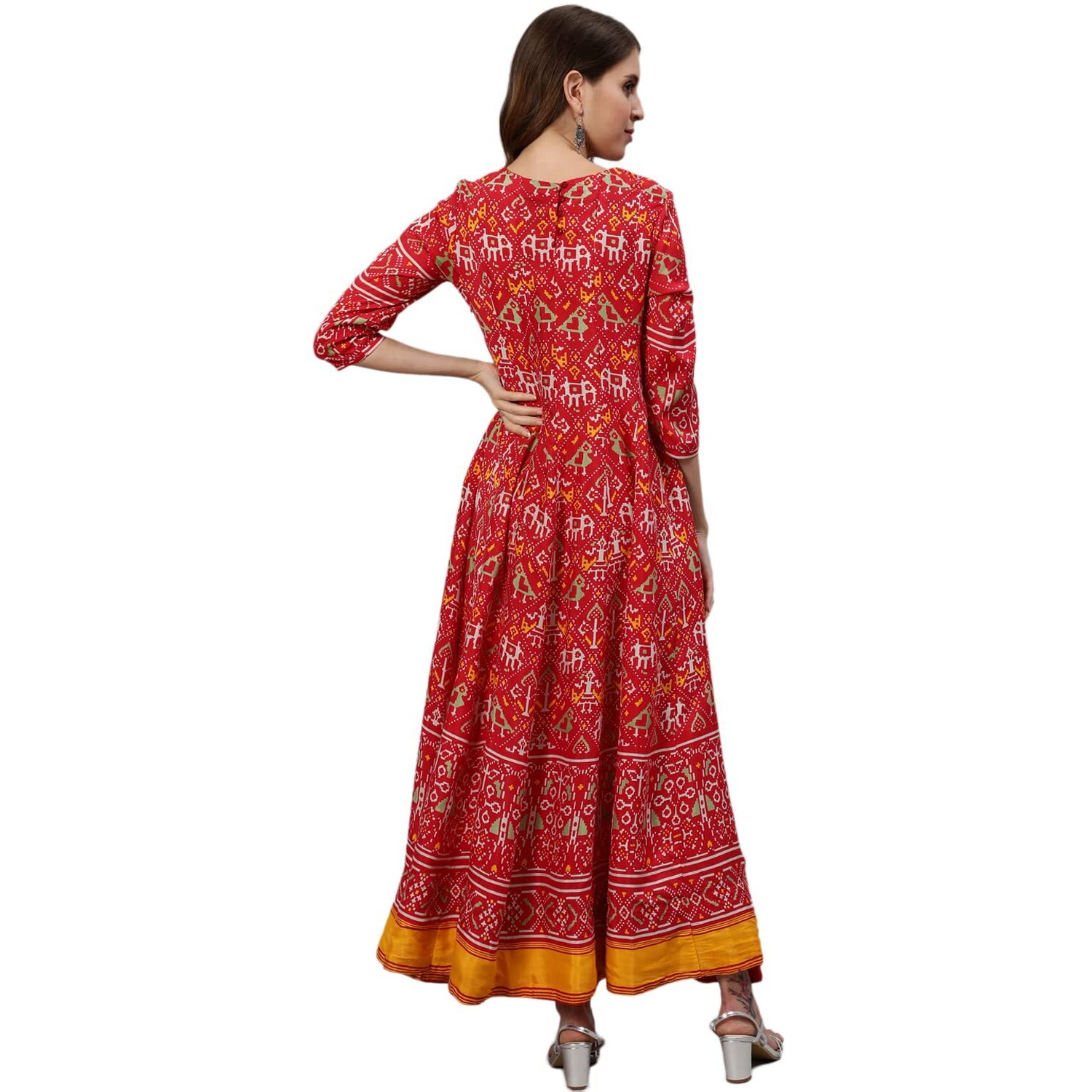 Ishin Women's Red Patola Panelled Anarkali Kurta