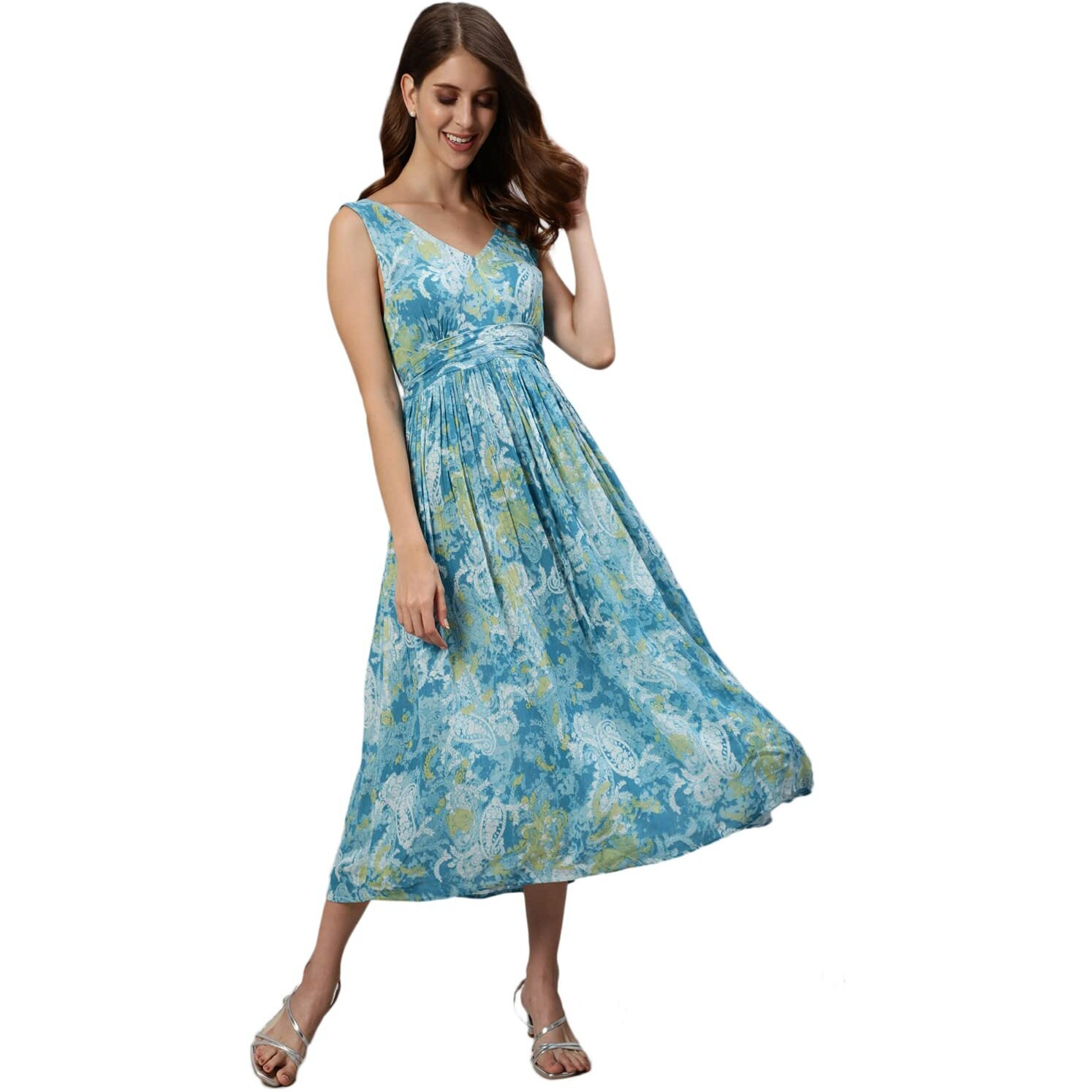 Ishin Women's Blue Printed Fit & Flare Dress