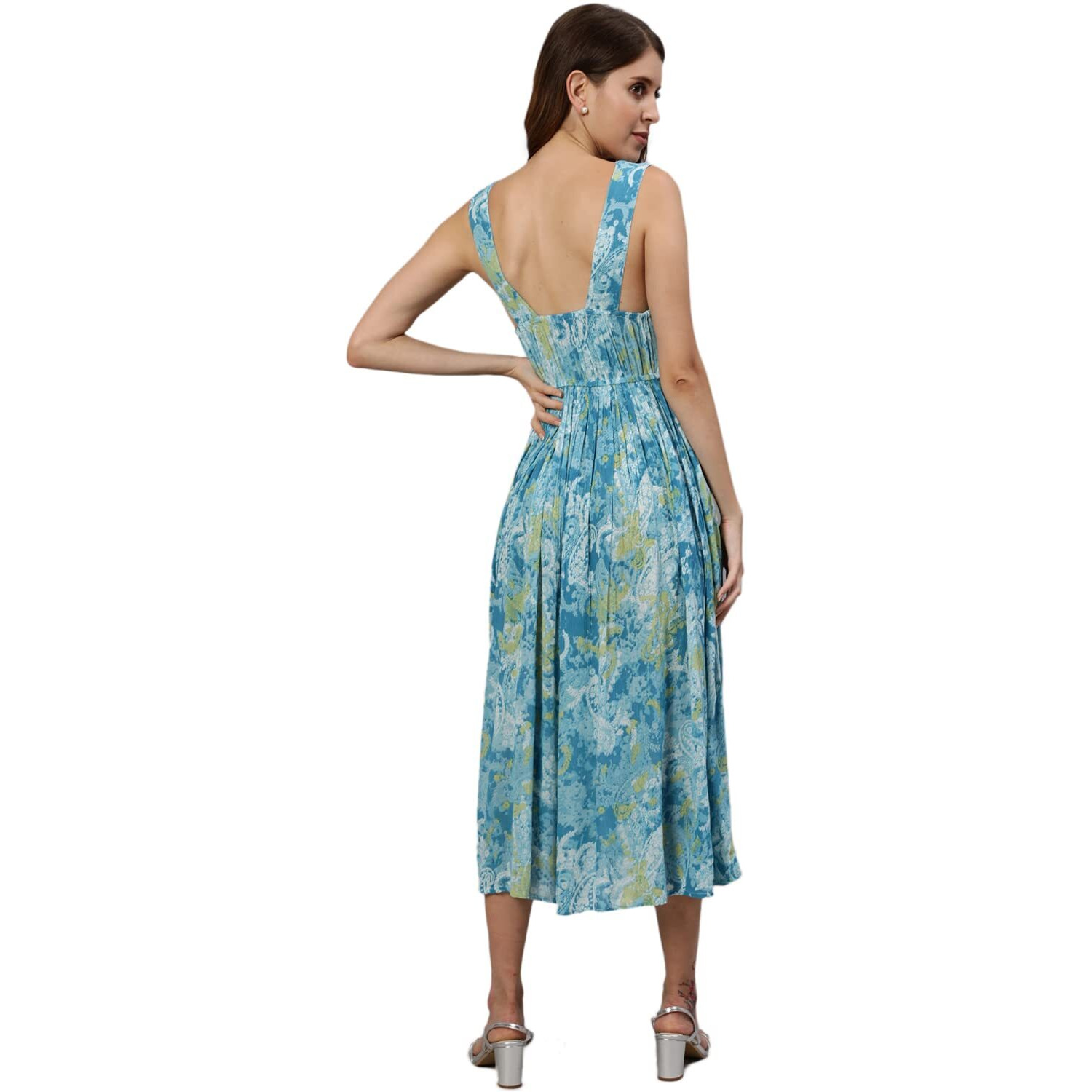 Ishin Women's Blue Printed Fit & Flare Dress