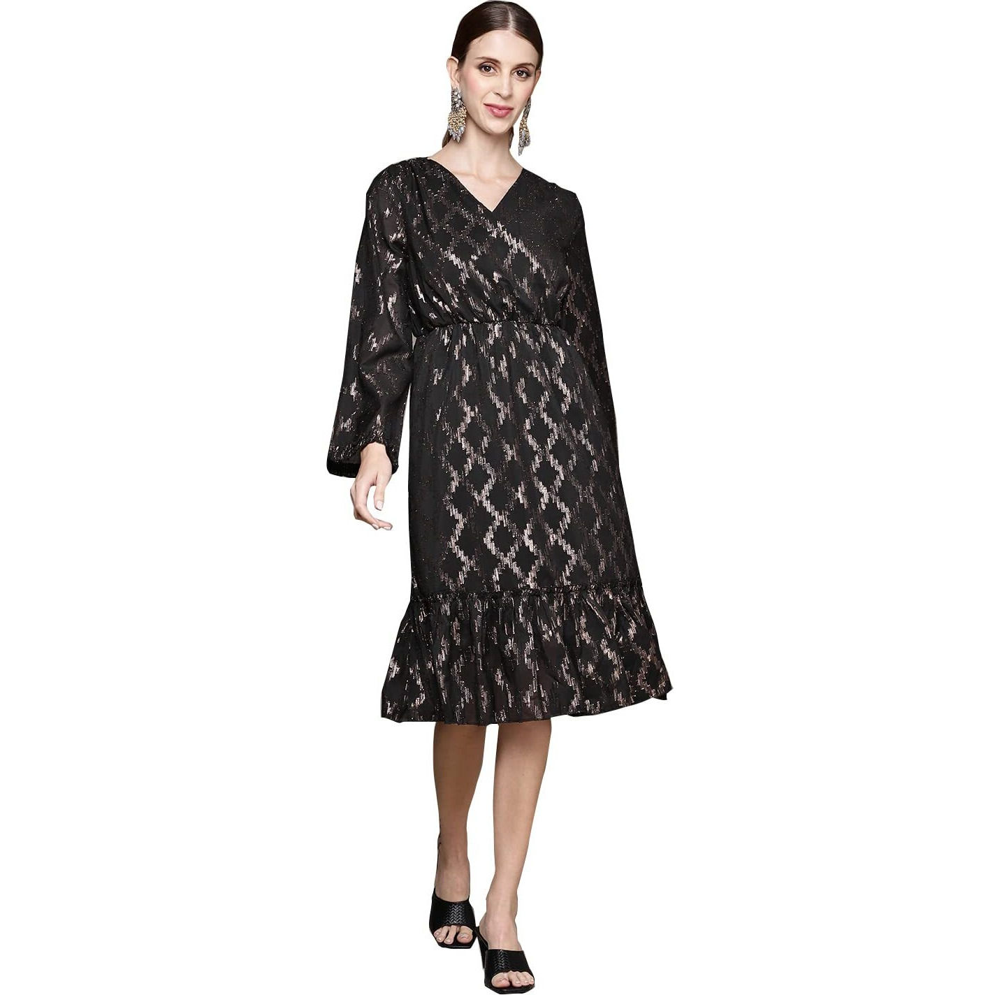 Ishin Women's Knee Length Polyester Self Design Geometric Black Wrap Dress Drkgzi-18066_Xs_Black