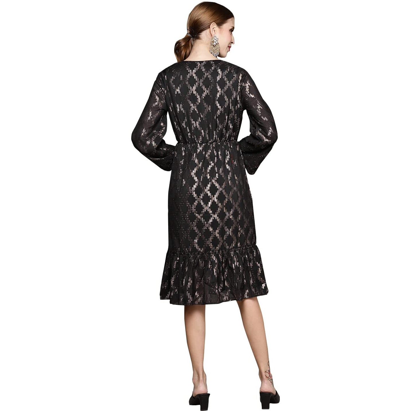 Ishin Women's Knee Length Polyester Self Design Geometric Black Wrap Dress Drkgzi-18066_Xs_Black