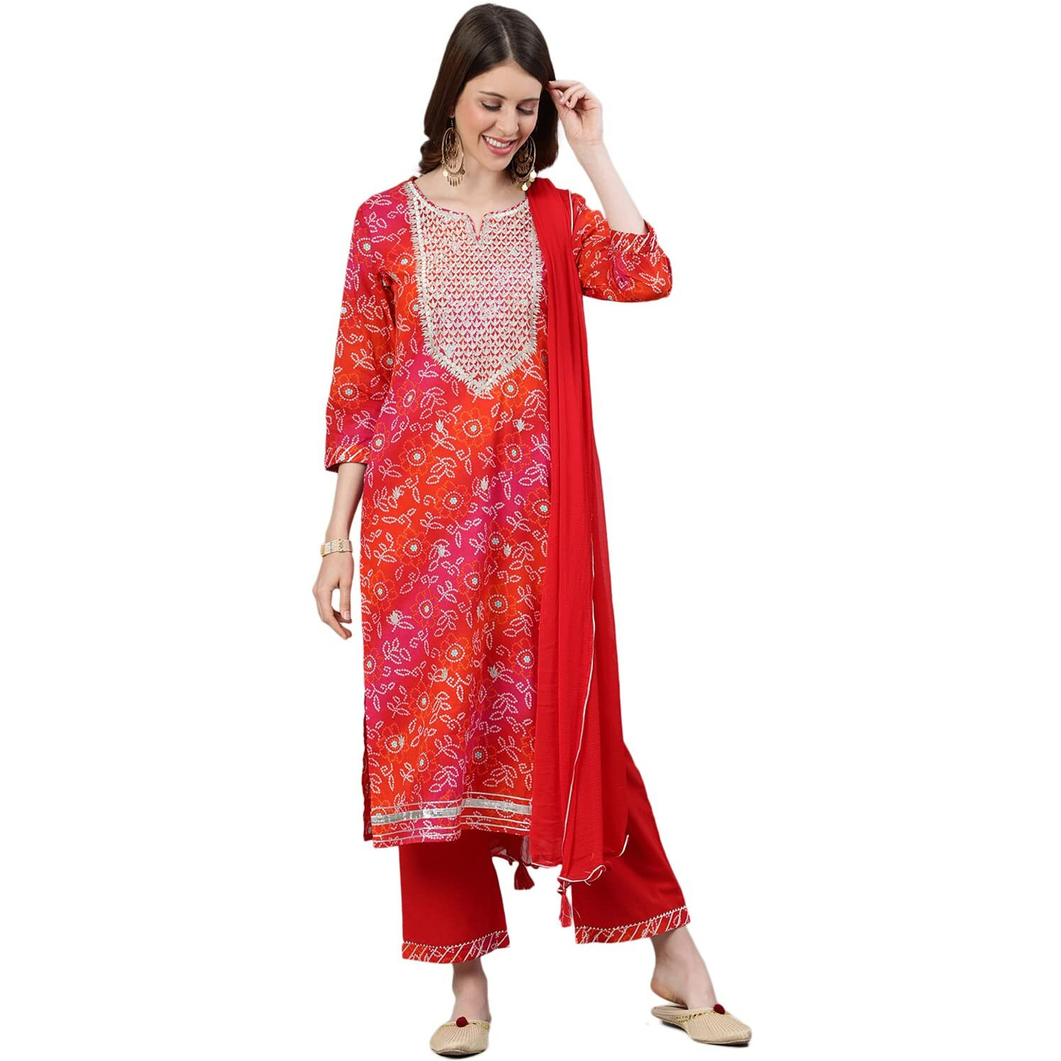 Ishin Women's Cotton Multicolor & Red Bandhani Zari Embroidered A-Line Kurta Set With Trouser And Dupatta