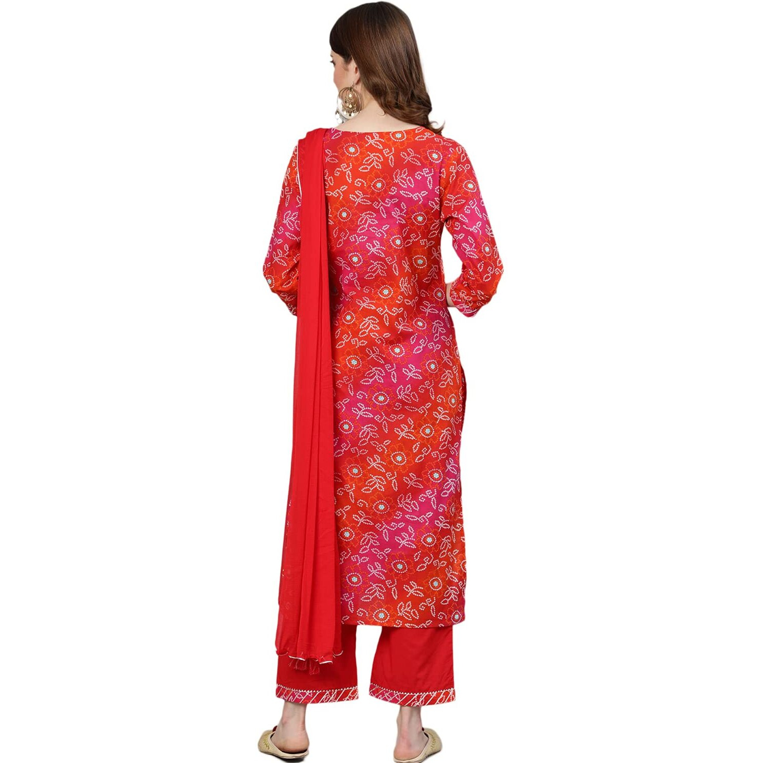 Ishin Women's Cotton Multicolor & Red Bandhani Zari Embroidered A-Line Kurta Set With Trouser And Dupatta