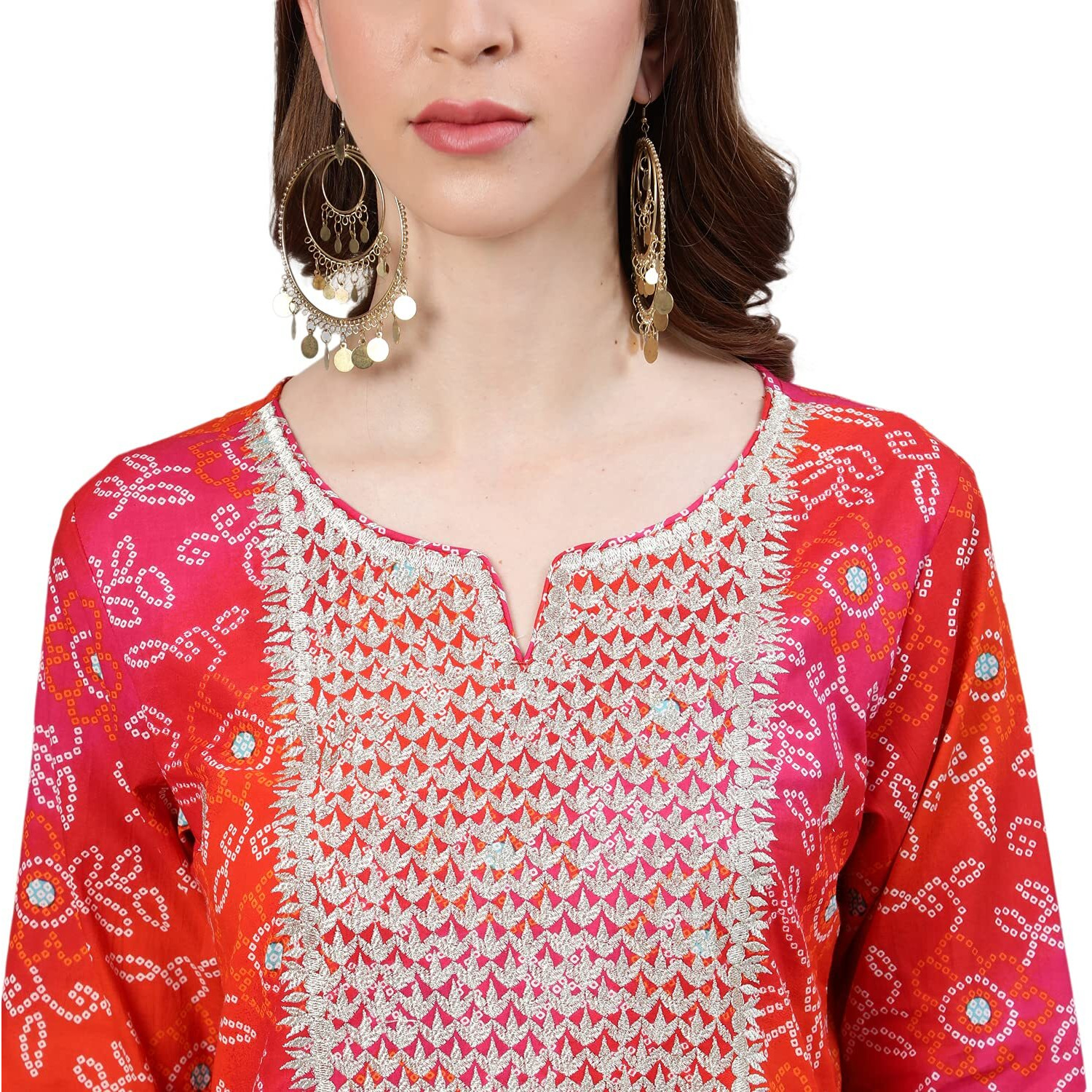 Ishin Women's Cotton Multicolor & Red Bandhani Zari Embroidered A-Line Kurta Set With Trouser And Dupatta